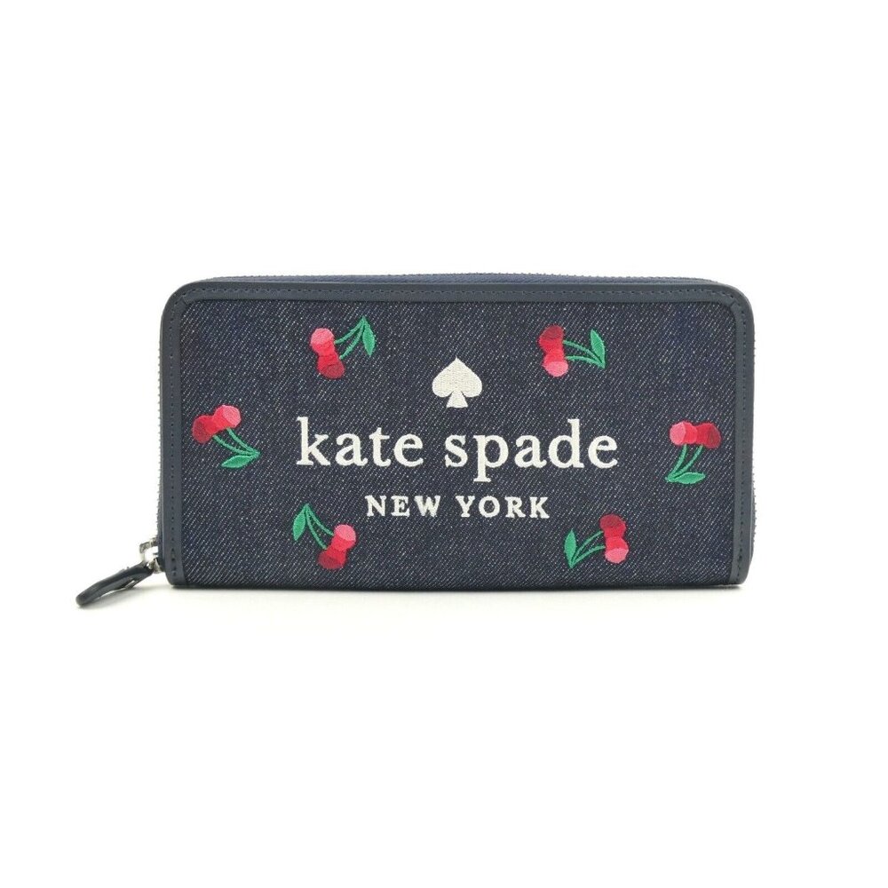Kate Spade‎ Denim Blue Multi Ella Cherry Embroidered Zip Around Wallet NWT